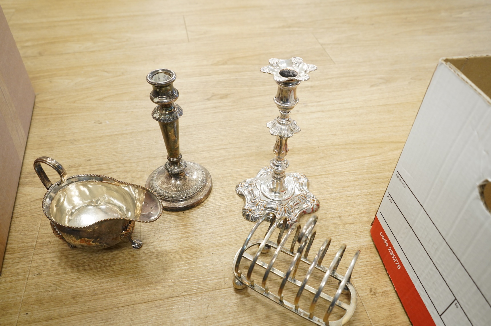 A pair of George III Old Sheffield plate candlesticks Mappin & Webb tea service